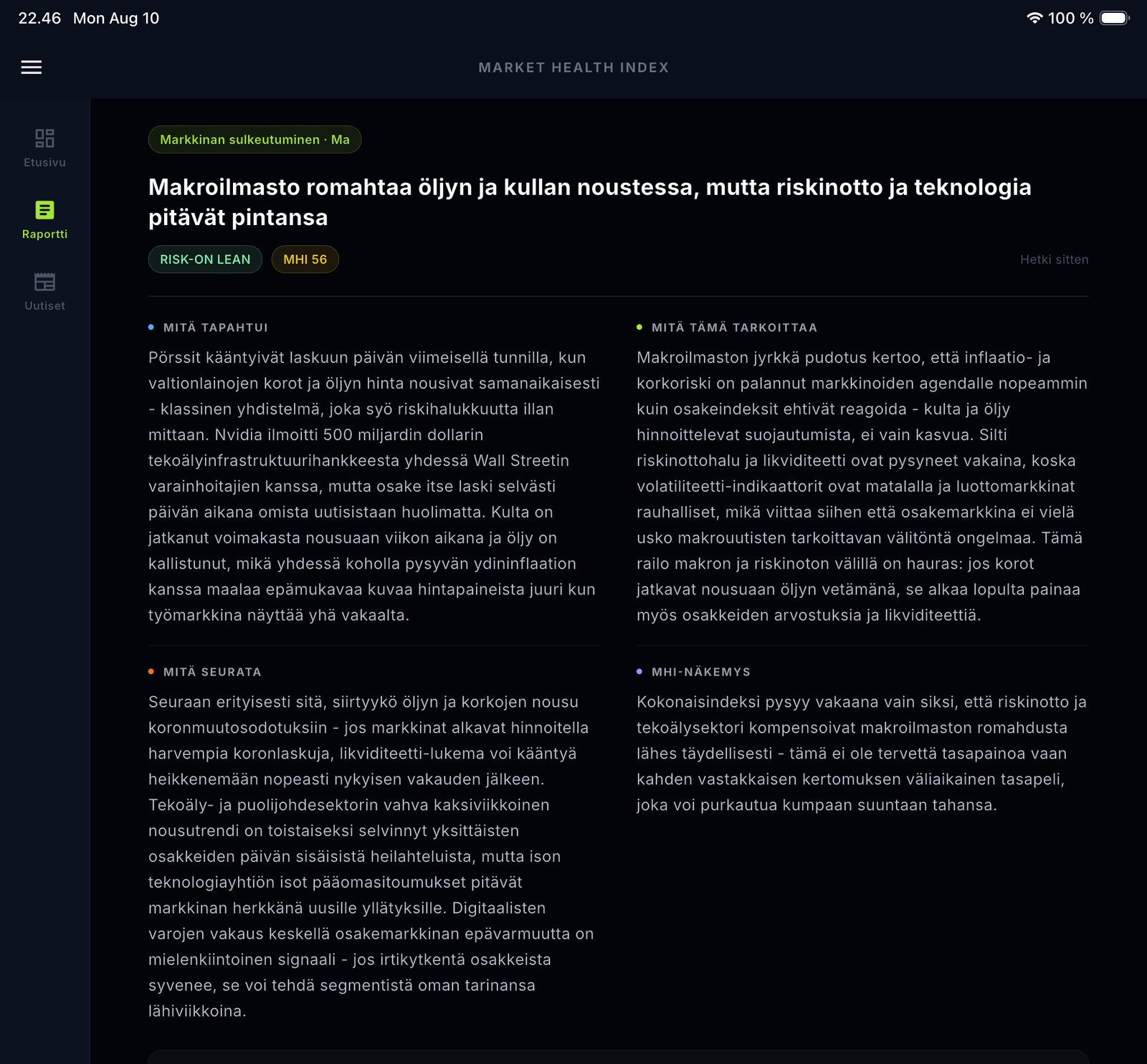 iPadin tekoälyraportti kaksipalstaisella asettelulla
